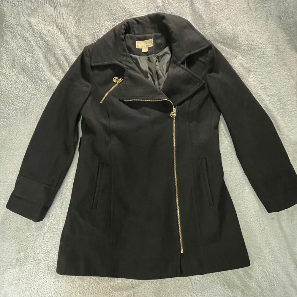Michael Kors Black Wool Blend Asymmetrical Zip Moto Coat Size Large
